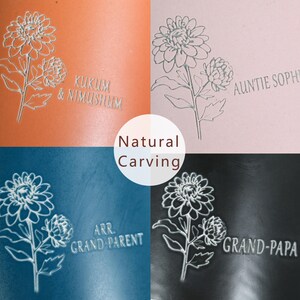 Puede incluir: Un collage de cuatro paneles con un dise&ntilde;o floral y texto. Los fondos son naranja, rosa, azul y negro. El texto incluye frases como "Kukum & Nimushum", "Auntie Sophie", "Arr. Grandparent" y "Grand-Papa". Tambi&eacute;n est&aacute; presente el texto "Natural Carving".