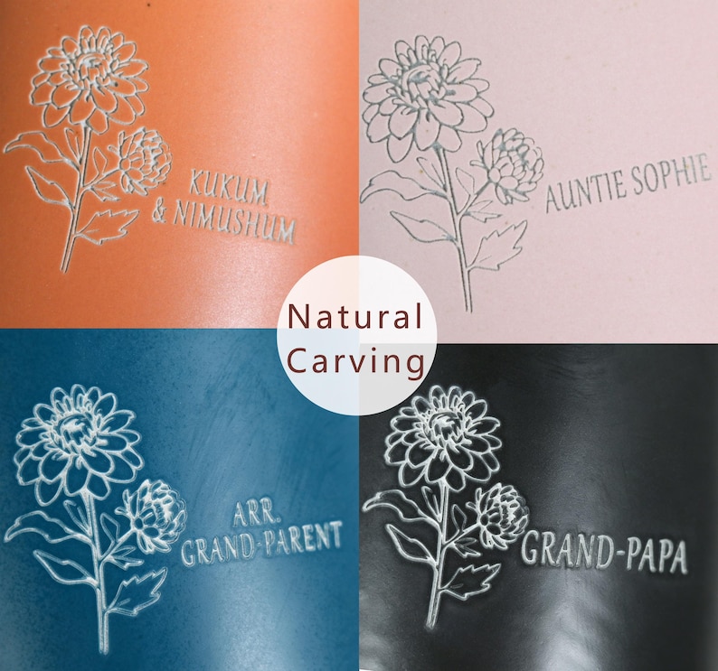 Puede incluir: Un collage de cuatro paneles con un dise&ntilde;o floral y texto. Los fondos son naranja, rosa, azul y negro. El texto incluye frases como "Kukum & Nimushum", "Auntie Sophie", "Arr. Grandparent" y "Grand-Papa". Tambi&eacute;n est&aacute; presente el texto "Natural Carving".