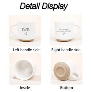 Puede incluir: Taza de cer&aacute;mica blanca con base y asa color beige. La taza presenta la palabra "MAMA" y un coraz&oacute;n en un lado, y "Love you Mom, Always happy and healthy" con un coraz&oacute;n en el otro. La imagen tambi&eacute;n muestra el interior y la base de la taza.