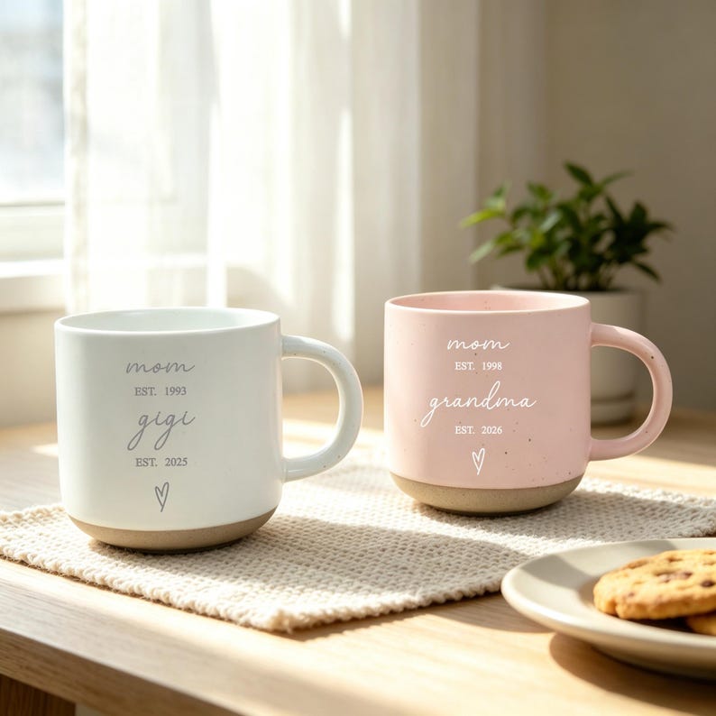 Puede incluir: Dos tazas de cer&aacute;mica, una blanca y otra rosa, con bases de color marr&oacute;n claro. La taza blanca tiene el texto "mom EST. 1993 gigi EST. 2025 ♡". La taza rosa tiene el texto "mom EST. 1998 grandma EST. 2026 ♡".