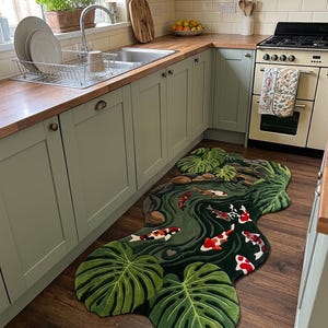 Forest Green Koi Fish Pond Wool Rug, Hand Tufted Irregular Shaped Japandi Nature Area Rug