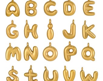 May include: A collection of gold-colored alphabet pendants, each with a loop for hanging. The letters A, B, C, D, E, G, H, I, J, K, M, N, O, P, Q, S, T, U, V, and W are displayed.