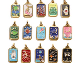 1 colgante de carta del tarot de acero inoxidable chapado en oro para hacer collares. Suministro de joyería mística antideslustre. Collar DIY. CY-2378