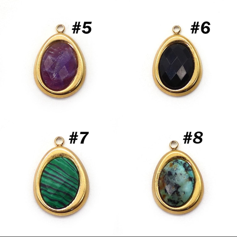 May include: Four teardrop-shaped pendants with gold-colored bezels. Each pendant features a different gemstone: amethyst, black onyx, malachite, and turquoise. Each pendant has a small loop at the top for attaching to a chain or other jewelry component. The pendants are labeled with the numbers #5, #6, #7, and #8.