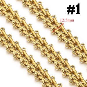 Puede incluir: Primer plano de múltiples eslabones de cadena dorados. Los eslabones de la cadena están dispuestos en filas paralelas. La imagen incluye el texto "#1" y "12,5 mm".