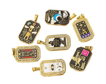Colgante de carta del Tarot esmaltado de acero inoxidable chapado en oro, sin deslustre, suministros para hacer collares con la etiqueta del Tarot, accesorios de joyería DIY, CY-2620