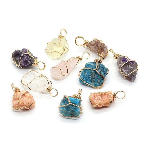 Irregular Raw Gemstone Charms, Natural Healing Crystal Quartz Chakra Pendant with Wire Wrapped, DIY Jewelry Making Supplies, T220105003