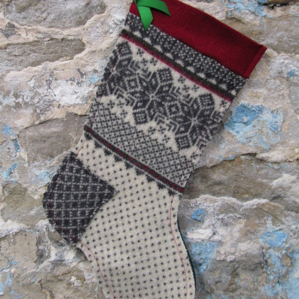 Up-Cycled Nordic Sweater Christmas Stocking in Red, Gray and Cream Wool