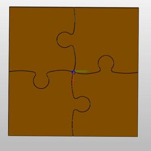 May include: A four-piece brown jigsaw puzzle with black outlines. The puzzle pieces are interlocked, forming a square. The image is a simple, graphic representation of a puzzle.