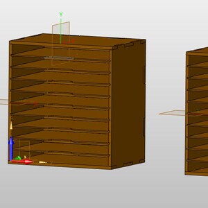 May include: Three brown wooden storage units with multiple shelves. The units are rectangular and appear to be empty. The image is a 3D rendering, showing the units from different angles. The units are designed for organizing items.