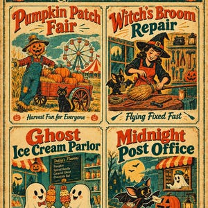 Op de afbeelding: Een Halloween-poster in vintage-stijl met vier panelen: Pumpkin Patch Fair, Witch's Broom Repair, Ghost Ice Cream Parlor en Midnight Post Office. Het kunstwerk toont kleurrijke illustraties van pompoenen, geesten, een heks en een vleermuis.