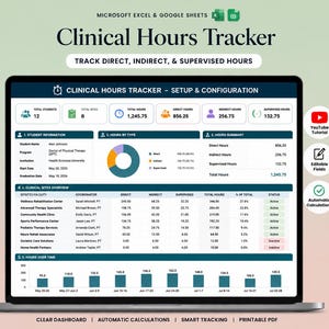 May include: A laptop screen displays a clinical hours tracker with data visualizations. The spreadsheet shows student information, hours by type, and a clinical sites overview. The interface includes a clear dashboard, automatic calculations, and smart tracking features.