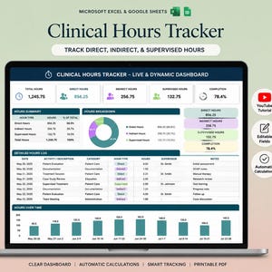 Puede incluir: Una pantalla de portátil muestra un panel de control "Clinical Hours Tracker". La pantalla muestra resúmenes de datos, desgloses de horas y un registro detallado. El texto incluye "Track Direct, Indirect, & Supervised Hours" y "Automatic Calculations."