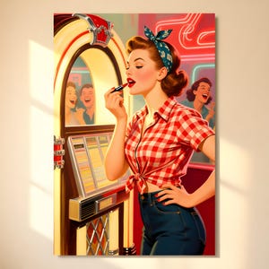 Peut inclure: Une œuvre d'art de style rétro montre une femme appliquant du rouge à lèvres devant un juke-box. Elle porte une chemise à carreaux rouge et blanche, un jean bleu et un foulard turquoise. Le juke-box est jaune et rouge, avec un dessus chromé. Deux personnes se reflètent dans le miroir du juke-box.