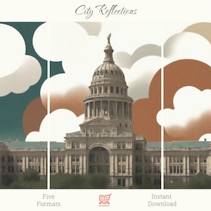 Könnte beinhalten: Eine künstlerische Darstellung eines Kapitolgebäudes mit einer großen Kuppel, vor einem Hintergrund aus stilisierten Wolken in Weiß, Türkis und Braun. Der Text "City Reflections" steht oben. Die Wörter "Five Formats" und "Instant Download" stehen unten.