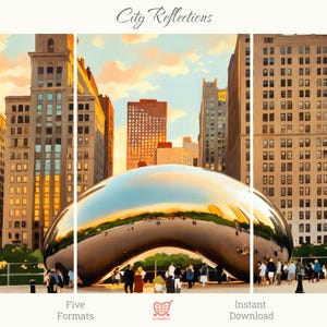 Puede incluir: Una impresión en tríptico titulada "City Reflections" que presenta una gran escultura reflectante en forma de frijol en un parque de la ciudad. La obra de arte captura la superficie espejada de la escultura, reflejando los edificios y el cielo circundantes. El cielo es una mezcla de naranja, amarillo y azul.