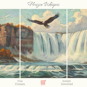 Könnte beinhalten: Ein Triptychon-Gemälde, das eine Wasserfallszene mit einem fliegenden Adler darstellt. Das Kunstwerk zeigt einen Wasserfall, der in einen Fluss stürzt, mit einem darüber schwebenden Adler. Das Gemälde hat einen Vintage-Stil, mit dem Text "Horizon Whisers" oben.