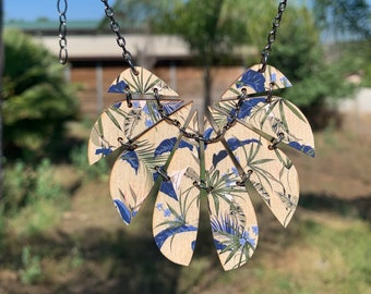 Blue Botanical Necklace - Laser Cut Wood Necklace #6129