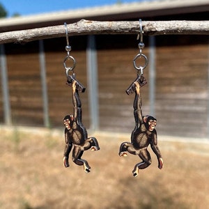 Chimpanzees hanging on your Ear - laser Cut Wood Earrings #1690