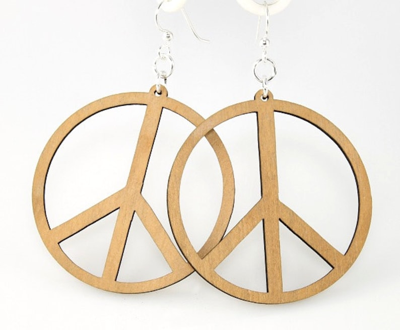 Large Peace Sign Wood Earrings image 3
