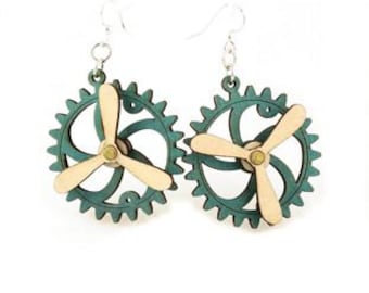 Spinning Propeller Gear Earrings - Laser Cut from Reforested Wood #5006G