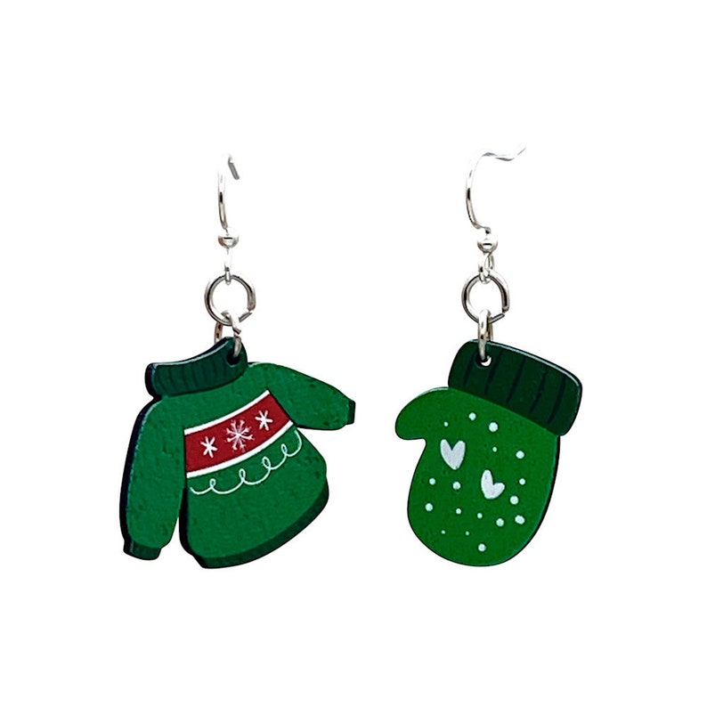 Wooden Laser Cut Christmas Sweater and Mitten Earrings