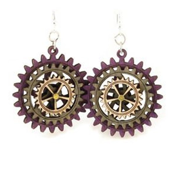 Triple Layered Spinning Kinetic Gears  - Laser Cut Wood Earrings #5004G