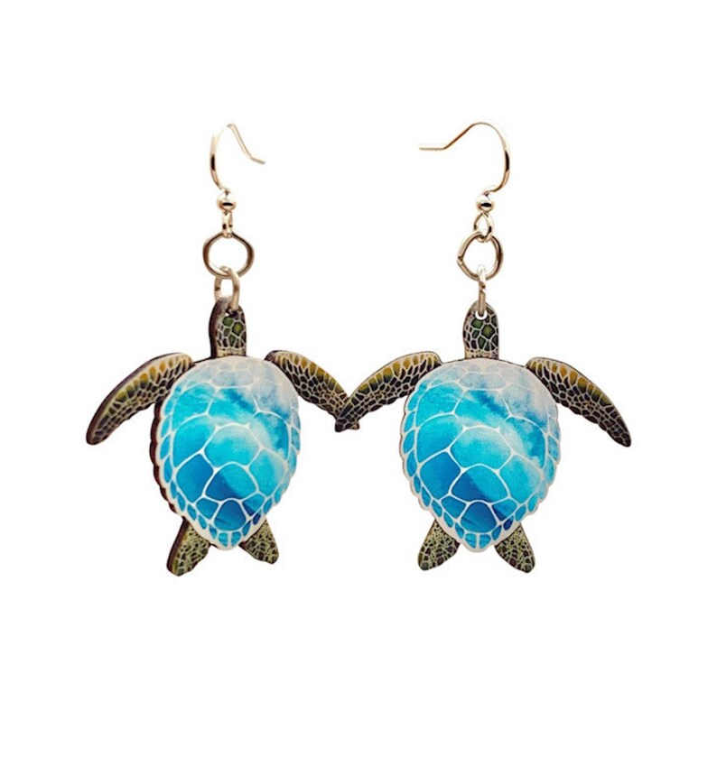 Blue Sea Turtles T159 Laser Cut Wood Earrnings from Sustainable Resources image 1