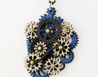 Cobolt Blue Colored Kinetic Gear Pendant #6001D - All made from laser cut moveable wood pieces