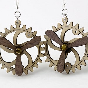 Spinning Propeller Gear Earrings - Laser Cut from Reforested Wood - 5006B