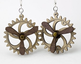 Spinning Propeller Gear Earrings - Laser Cut from Reforested Wood - 5006B