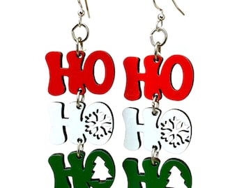 Ho Ho Ho Christmas Earrings, Laser Cut Wood, Festive Holiday Jewelry
