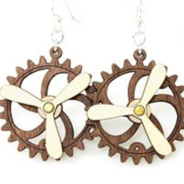 Spinning Propeller Gear Earrings - Laser Cut from Reforested Wood #5006A