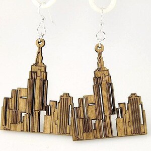 Laser Cut Wood Cityscape Earrings, Silver Plated Steel, USA Made image 1