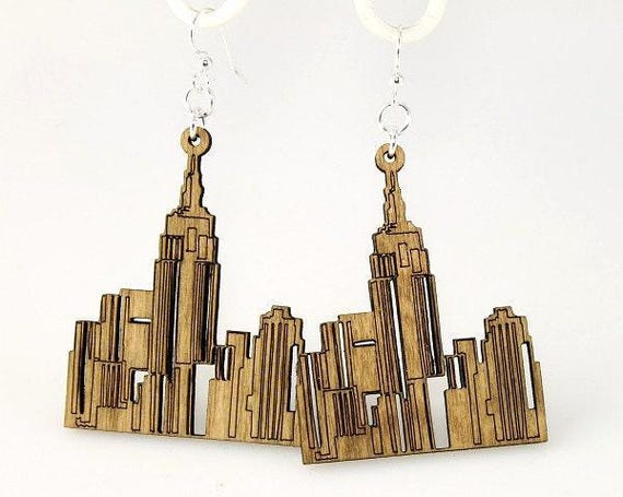 Laser Cut Wood Cityscape Earrings, Silver Plated Steel, USA Made