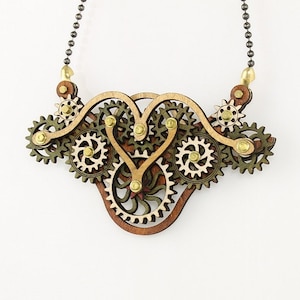 Wood Steampunk - Kinetic Wing Gear Pendant #6004G - Earth tones