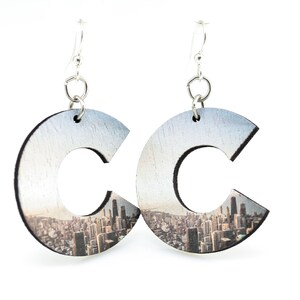 Chicago C Earrings Laser Cut Wood Super light weight Earrings image 1