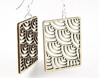 Waves in Squares - Laser Cut Earrings From Reforested Wood