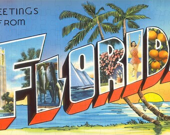 May include: A vintage postcard with the word "Florida" in large, colorful letters. The letters are filled with images of palm trees, sailboats, fish, oranges, and flamingos. The postcard says "Greetings from Florida" at the top.