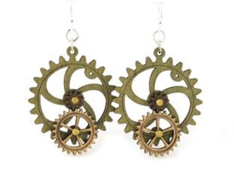 Gear Earrings that move - made from wood - hugo steampunk style - 5001C