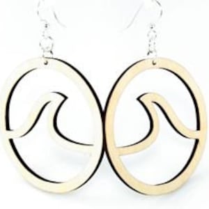 Wave in Circle Earrings Laser Cut out of Reforested Wood image 1