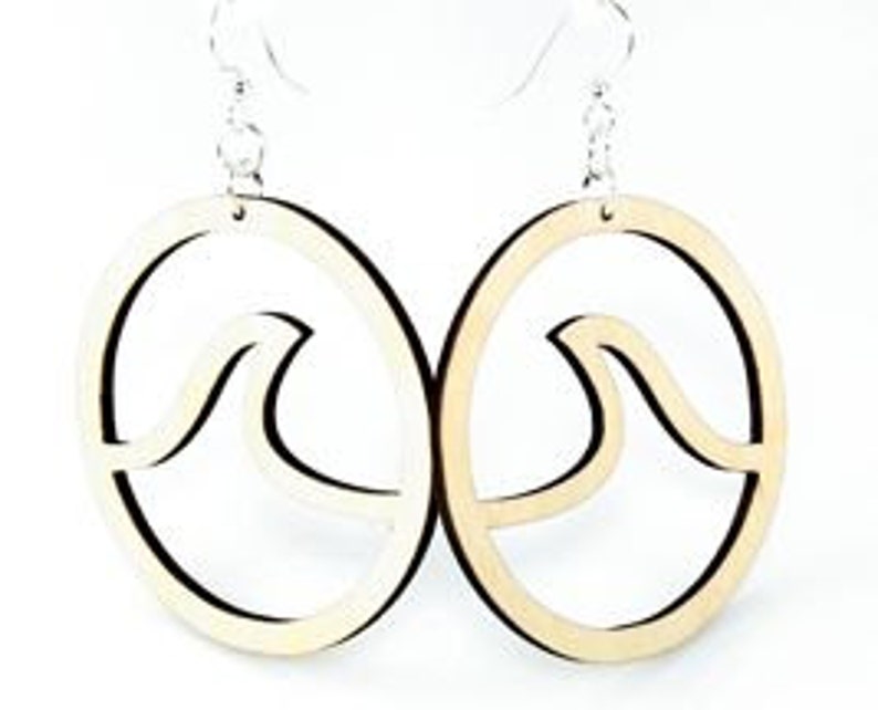 Wave in Circle Earrings Laser Cut out of Reforested Wood image 1