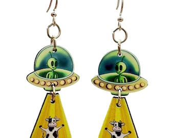Alien Beam Me Up Earrings #1745 - Laser Cut from Sustainable Wood
