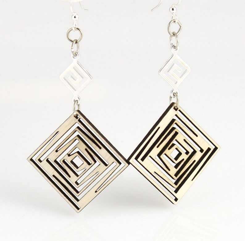ISquared Dangle Earrings laser cut reforested wood earrings image 3