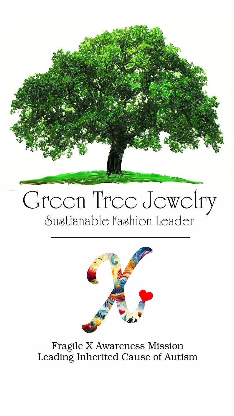 The image is a promotional poster for a jewelry brand called "Green Tree Jewelry". It features a large green tree with a heart symbol in the center, and the text "Green Tree Jewelry Sustainable Fashion Leader" is displayed above the tree. The poster also mentions a "Frage X Awareness Mission Leading Inherited Cause of Autism".
