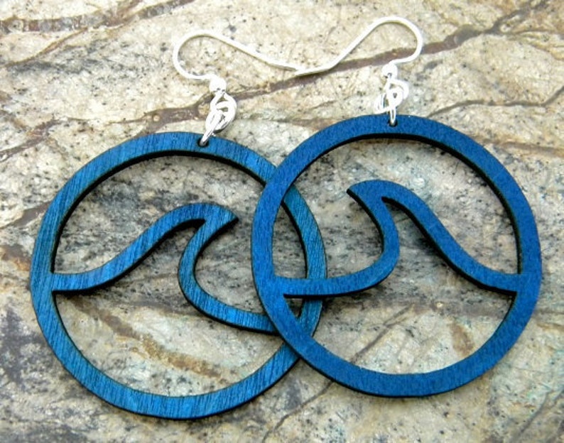 Wave in Circle Earrings Laser Cut out of Reforested Wood image 4