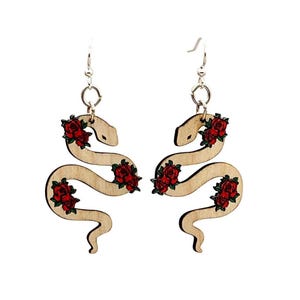 Snake and Rose Earrings - Laser Cut Wood Earrings - from Sustainable Materials