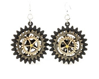 Triple Layered Spinning Kinetic Gears  - Laser Cut Wood Earrings - 5004E