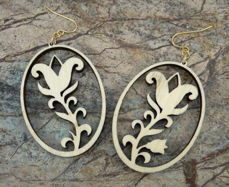 Flower Oval Wood Earrings image 3