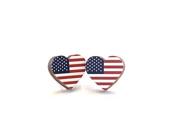USA Flag Heart Studs -  Laser Cut Earrings from Reforested Wood